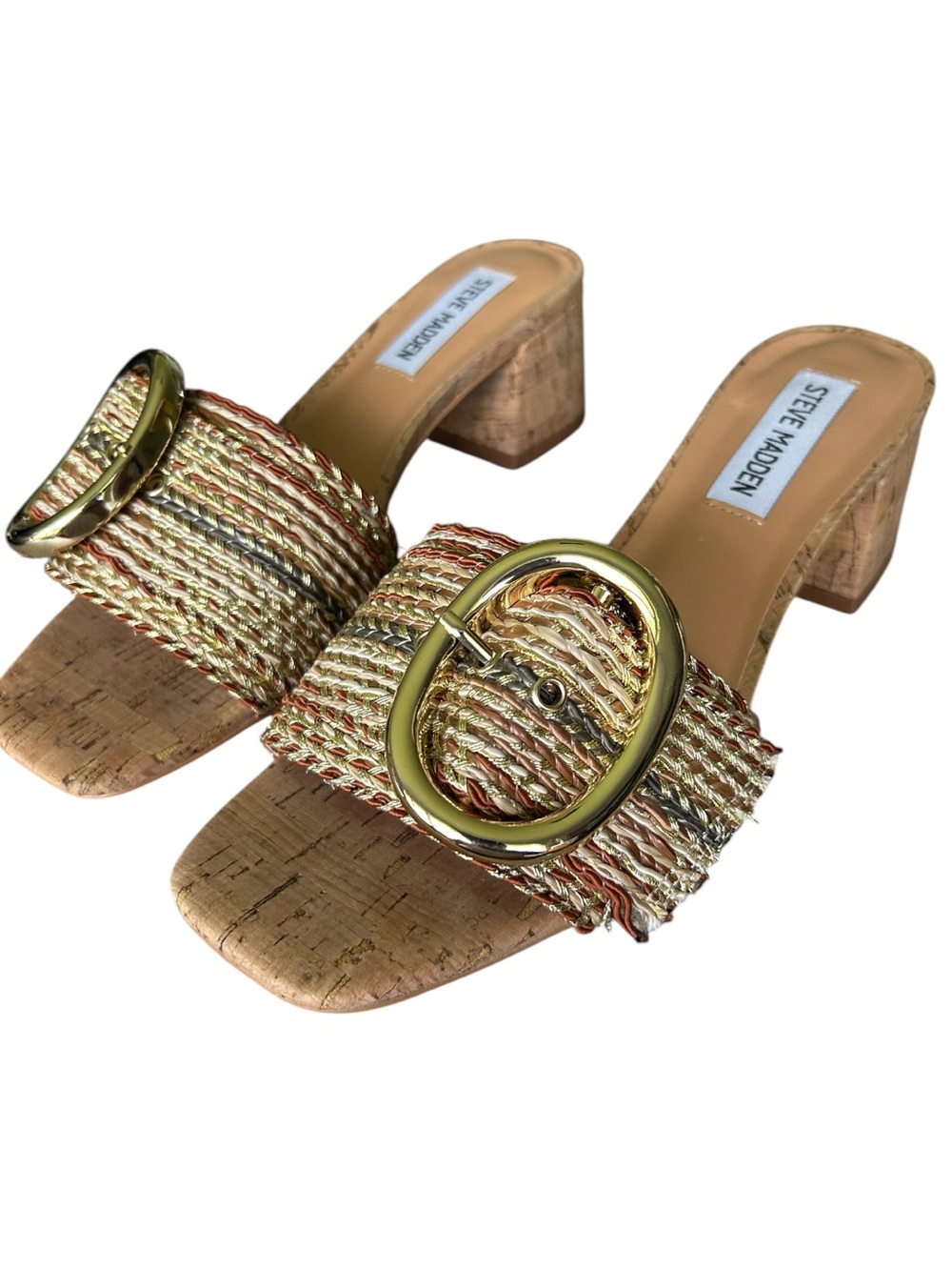 Steve Madden Seacrest Gold Multi Raffia Cork Block Heel Sandals Excellent 6.5 - Picture 2 of 10